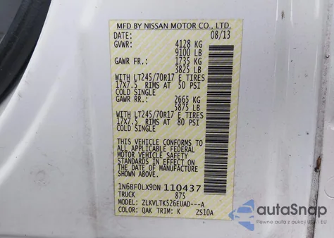 2013 Nissan Nv Cargo Nv2500 Hd Sv V6 z USA, uszkodzony, nr VIN 1N6BF0LX9DN110437